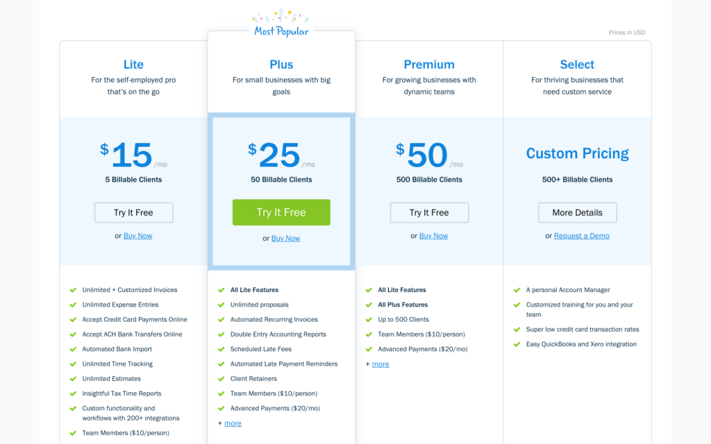Pricing tiers (FreshBooks)