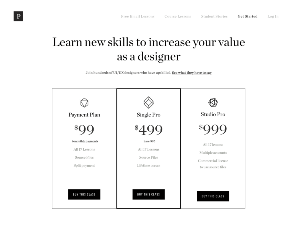 Three membership pricing tiers with an anchor offer and a highlighted mid-range tier (Process Masterclass)