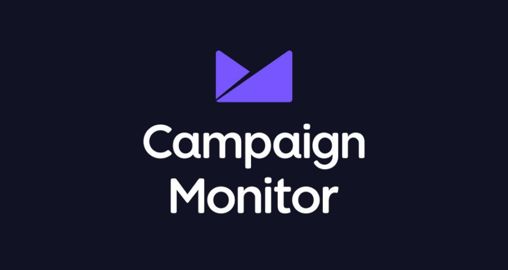 Campaign Monitor logo in white on a dark blue background with a purple icon above it.