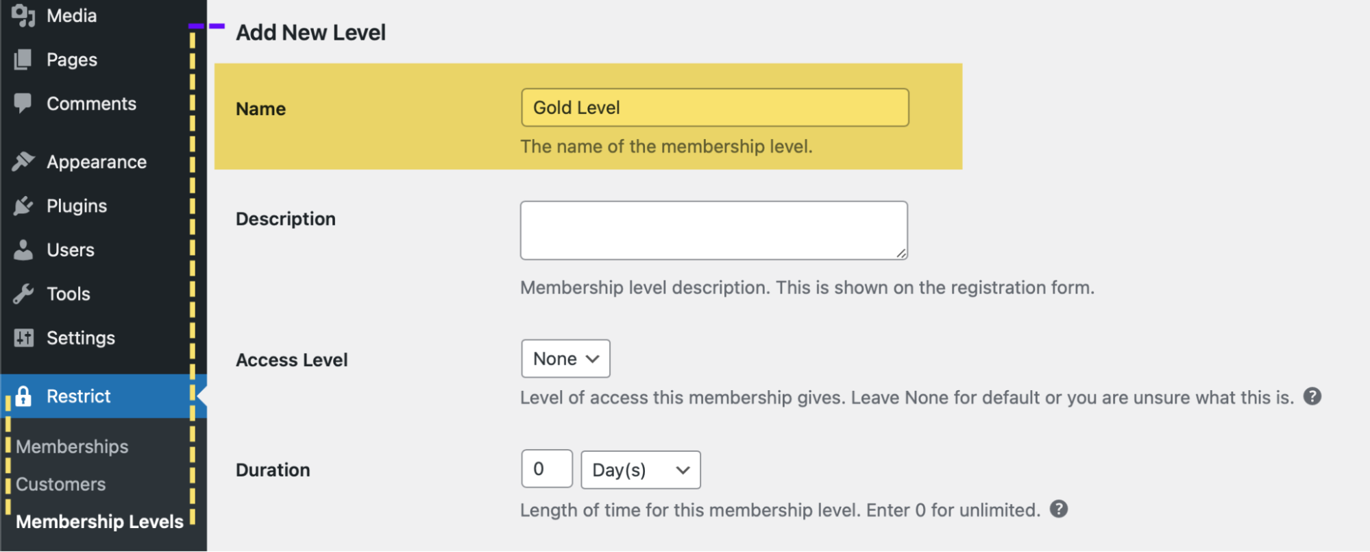 Screenshot showing path to Membership Levels Name