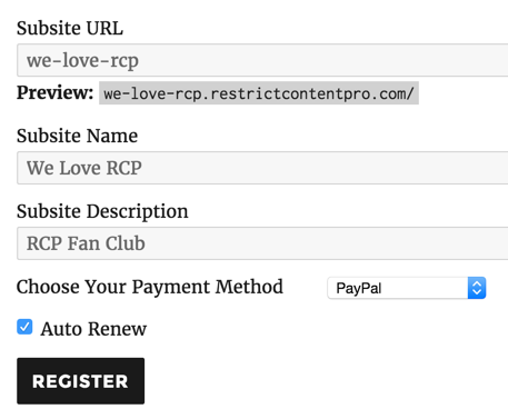 Site Creation fields on the registration form
