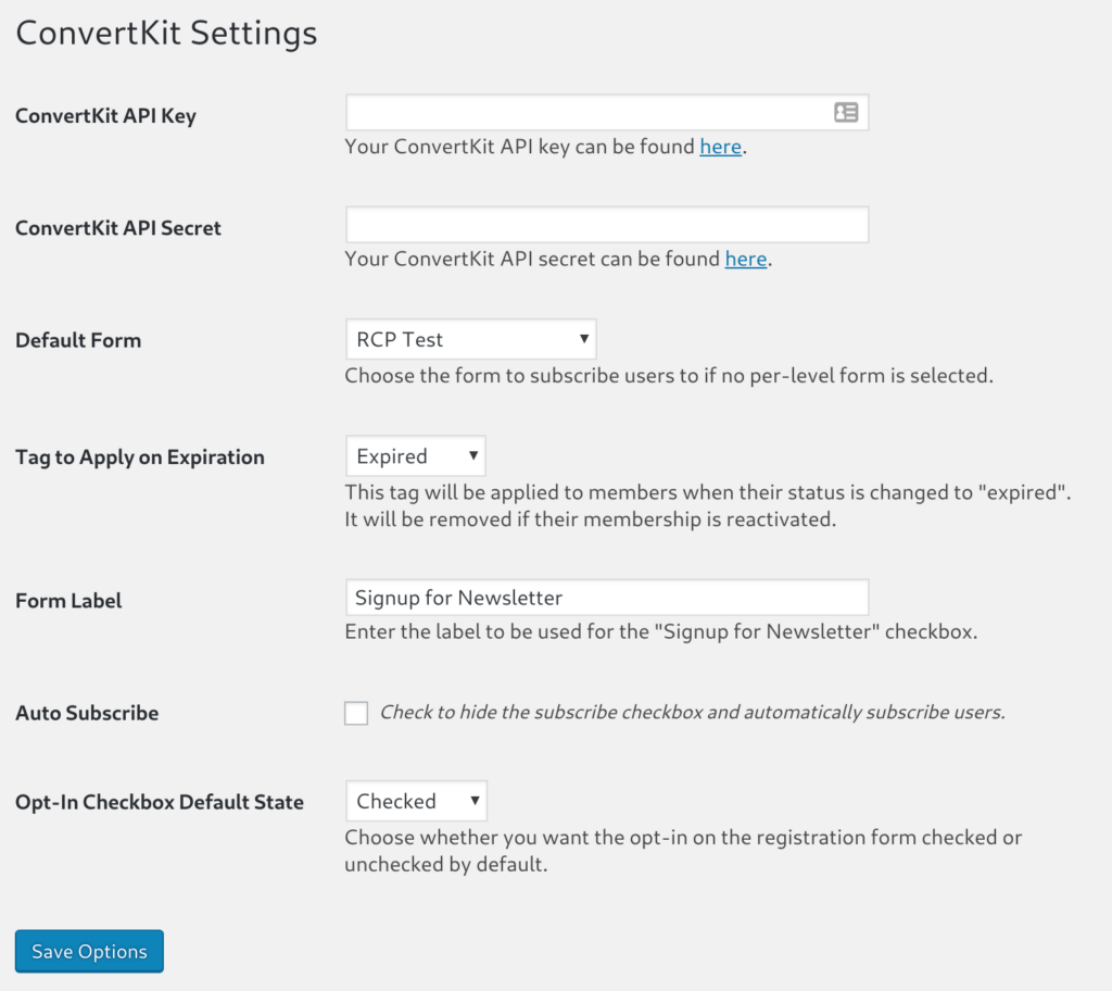 Restrict Content Pro ConvertKit add-on settings