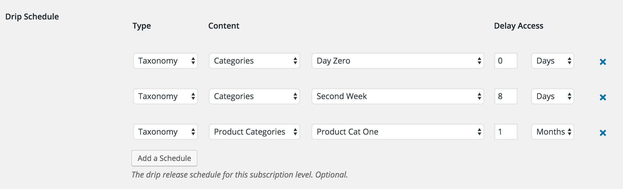 Taxonomy drip content settings on the Subscription Level edit screen.