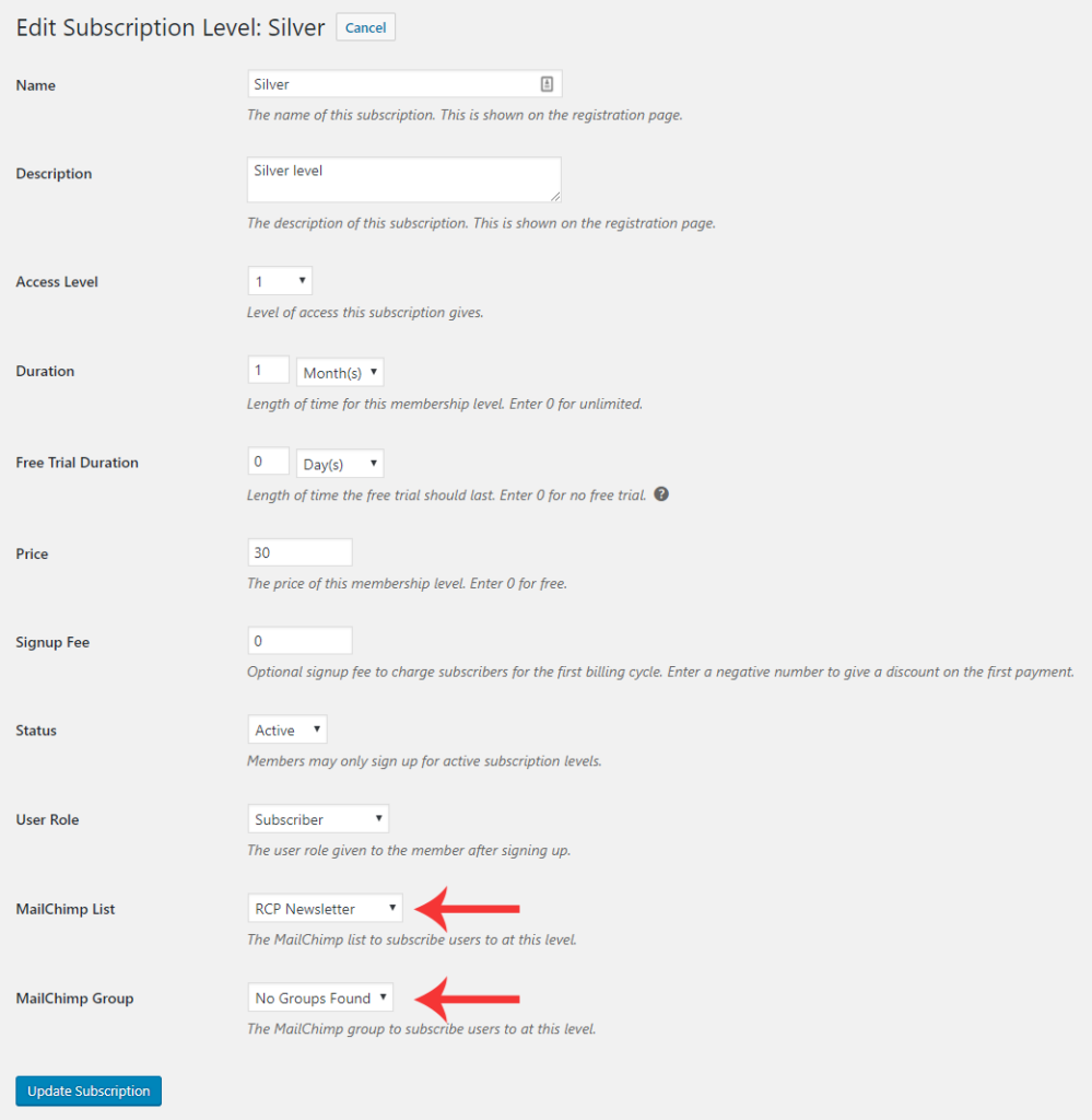 RCP MailChimp Pro subscription level settings with list and group dropdowns