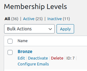 Link to "Configure Emails" on the Membership Levels table